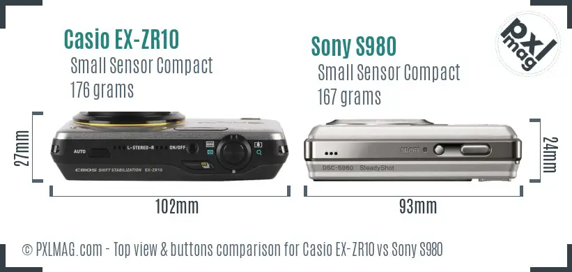 Casio EX-ZR10 vs Sony S980 top view buttons comparison Casio EX-ZR10 vs Sony S980 top view buttons comparison