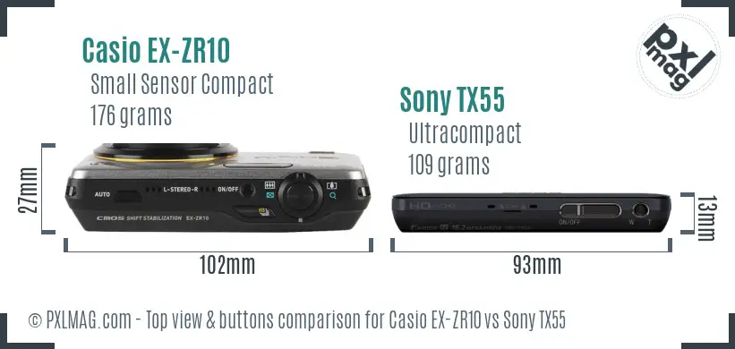 Casio EX-ZR10 vs Sony TX55 top view buttons comparison Casio EX-ZR10 vs Sony TX55 top view buttons comparison