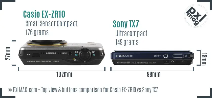 Casio EX-ZR10 vs Sony TX7 top view buttons comparison Casio EX-ZR10 vs Sony TX7 top view buttons comparison