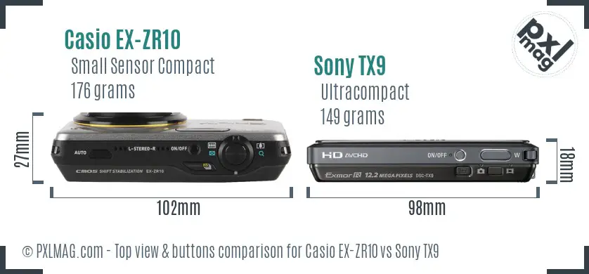 Casio EX-ZR10 vs Sony TX9 top view buttons comparison Casio EX-ZR10 vs Sony TX9 top view buttons comparison