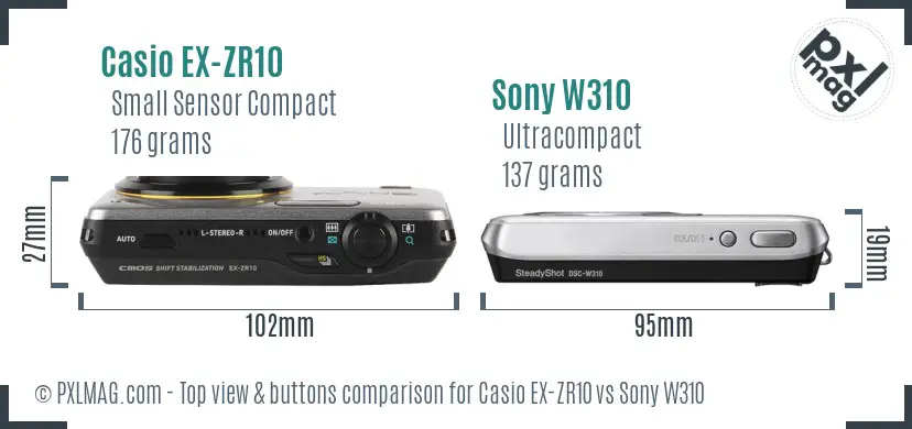 Casio EX-ZR10 vs Sony W310 top view buttons comparison Casio EX-ZR10 vs Sony W310 top view buttons comparison