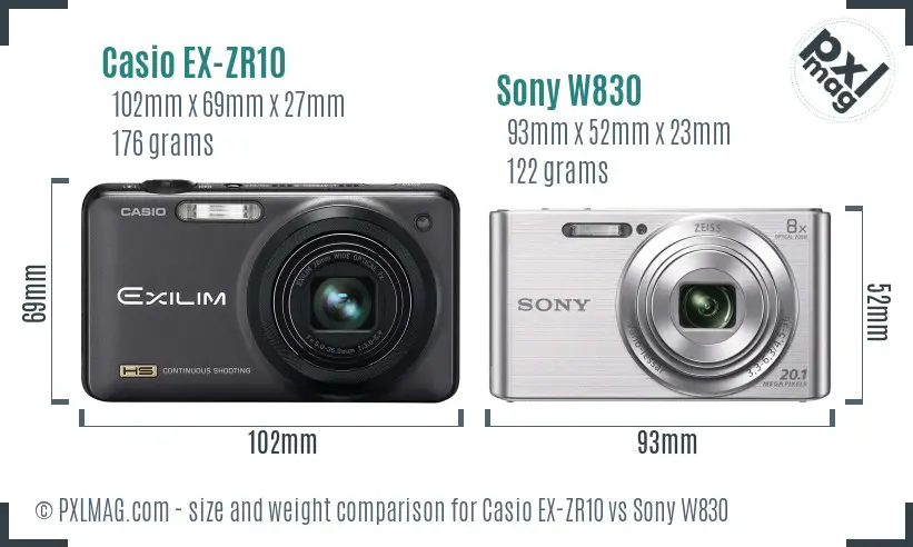 Casio EX-ZR10 vs Sony W830 size comparison