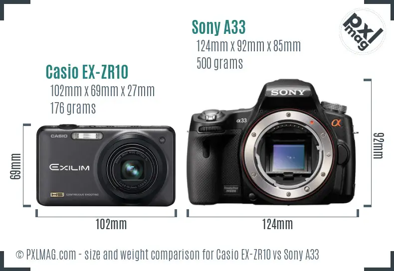 Casio EX-ZR10 vs Sony A33 size comparison