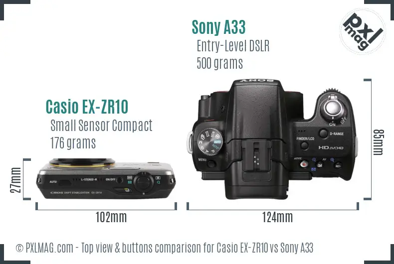 Casio EX-ZR10 vs Sony A33 top view buttons comparison