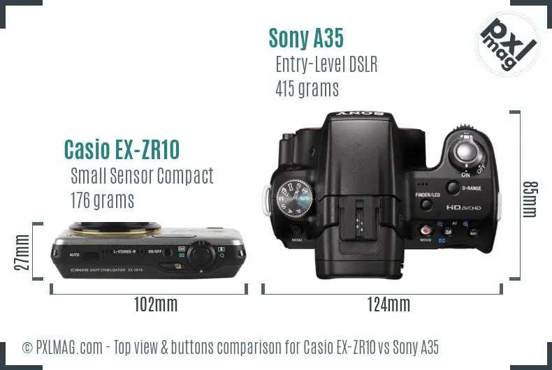 Casio EX-ZR10 vs Sony A35 top view buttons comparison Casio EX-ZR10 vs Sony A35 top view buttons comparison