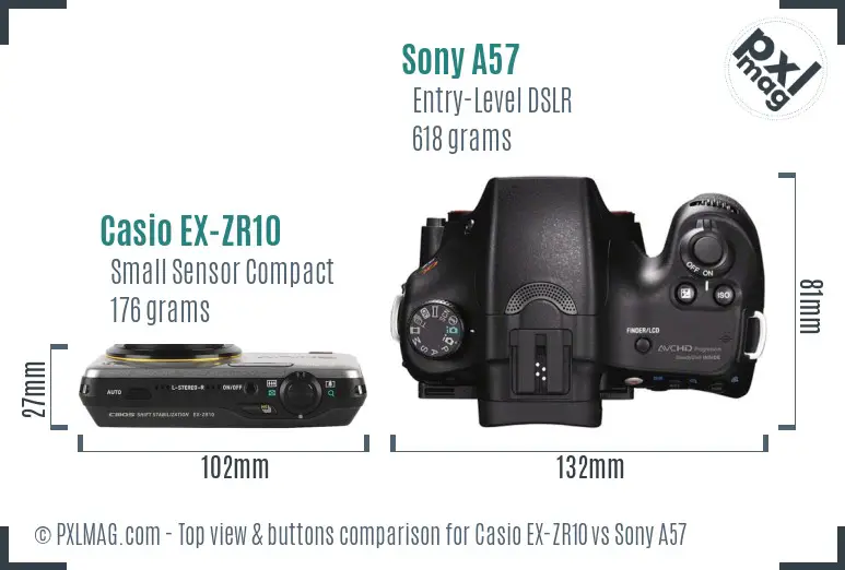 Casio EX-ZR10 vs Sony A57 top view buttons comparison Casio EX-ZR10 vs Sony A57 top view buttons comparison