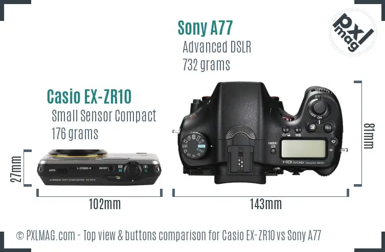 Casio EX-ZR10 vs Sony A77 top view buttons comparison