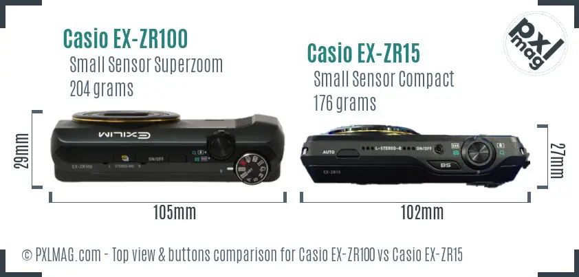 Casio EX-ZR100 vs Casio EX-ZR15 top view buttons comparison