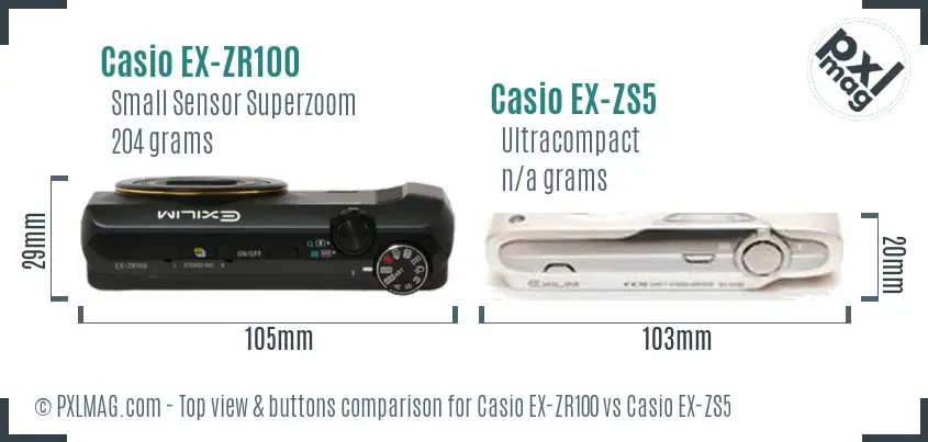 Casio EX-ZR100 vs Casio EX-ZS5 top view buttons comparison Casio EX-ZR100 vs Casio EX-ZS5 top view buttons comparison