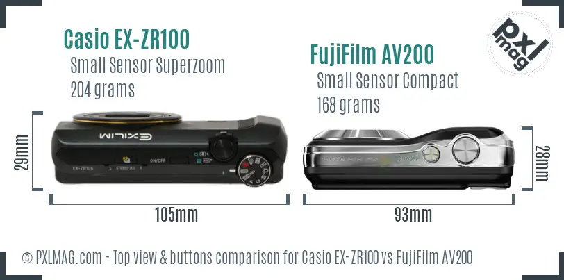 Casio EX-ZR100 vs FujiFilm AV200 top view buttons comparison Casio EX-ZR100 vs FujiFilm AV200 top view buttons comparison