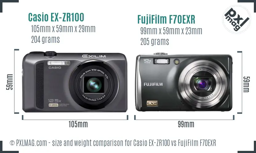 Casio EX-ZR100 vs FujiFilm F70EXR size comparison