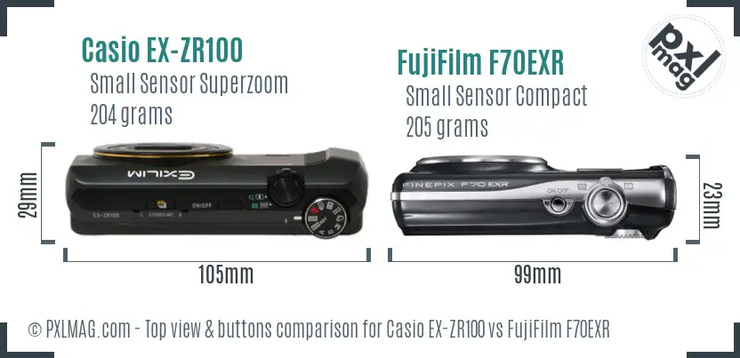 Casio EX-ZR100 vs FujiFilm F70EXR top view buttons comparison