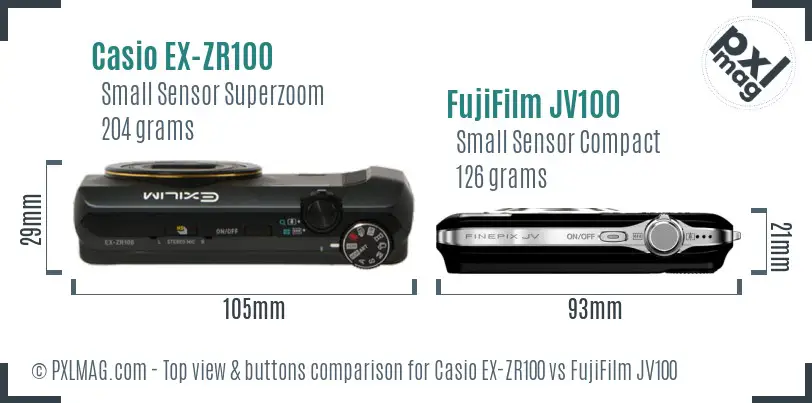 Casio EX-ZR100 vs FujiFilm JV100 top view buttons comparison