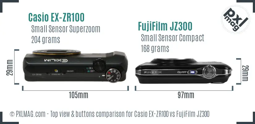 Casio EX-ZR100 vs FujiFilm JZ300 top view buttons comparison