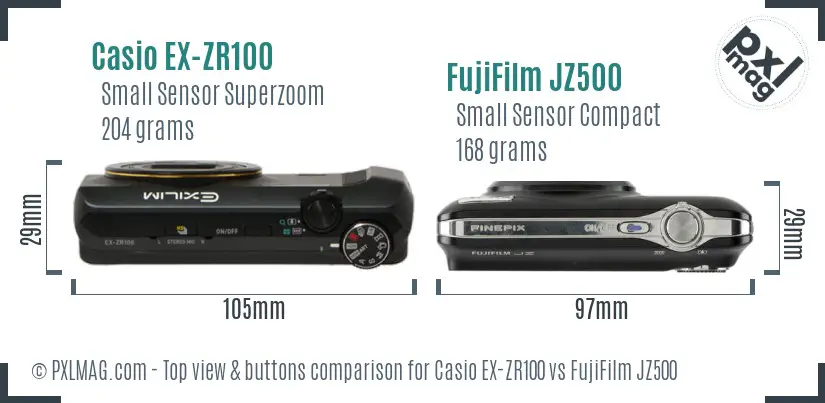Casio EX-ZR100 vs FujiFilm JZ500 top view buttons comparison