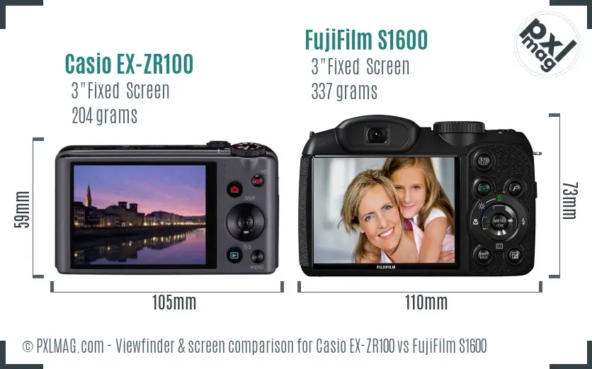 Casio EX-ZR100 vs FujiFilm S1600 Screen and Viewfinder comparison