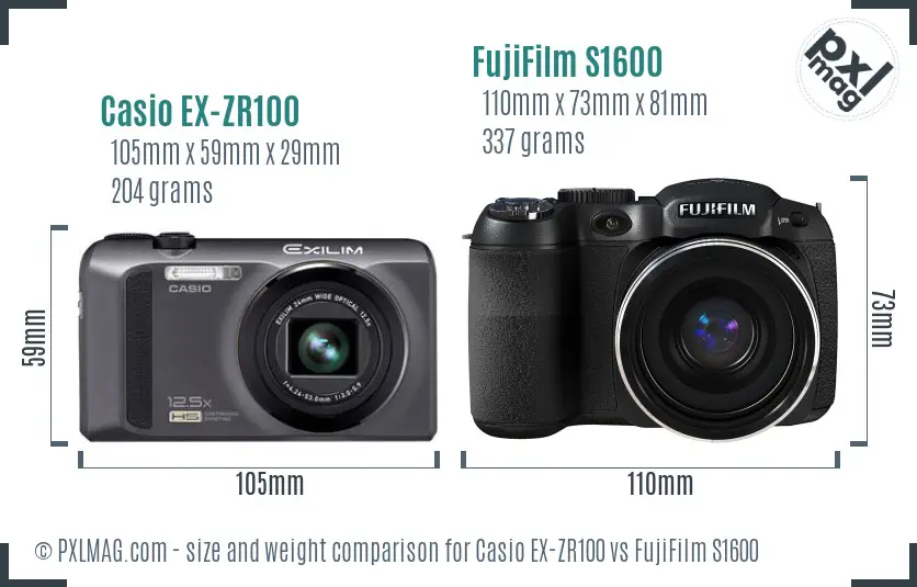 Casio EX-ZR100 vs FujiFilm S1600 size comparison