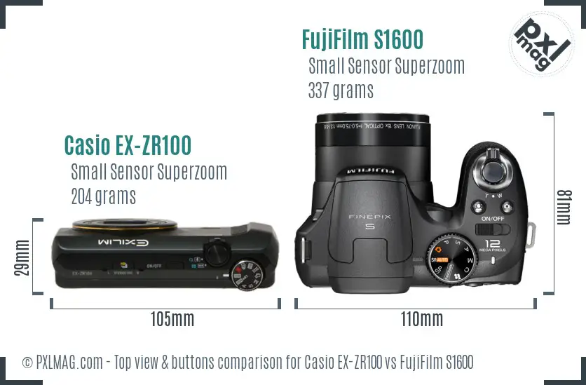 Casio EX-ZR100 vs FujiFilm S1600 top view buttons comparison