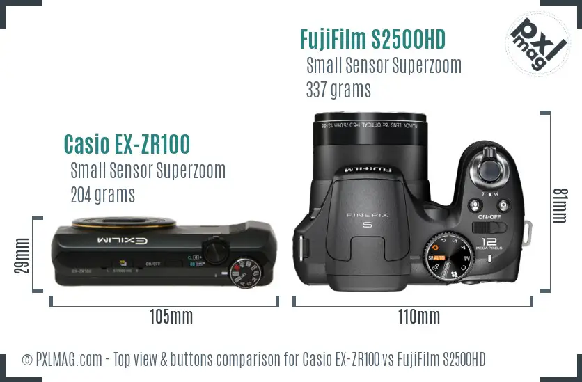 Casio EX-ZR100 vs FujiFilm S2500HD top view buttons comparison