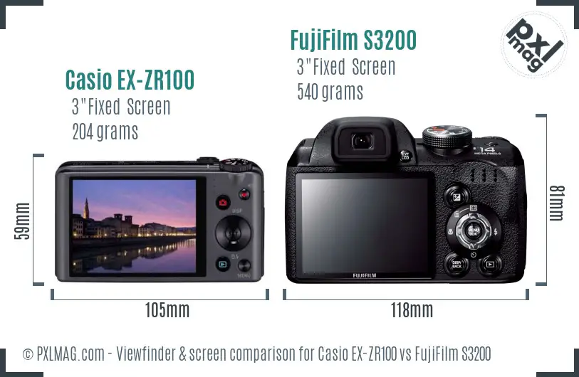 Casio EX-ZR100 vs FujiFilm S3200 Screen and Viewfinder comparison