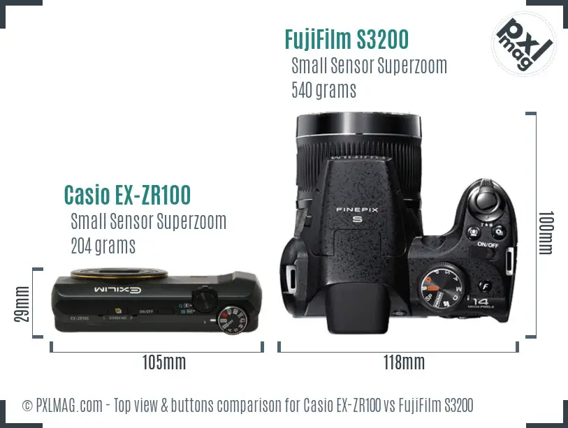 Casio EX-ZR100 vs FujiFilm S3200 top view buttons comparison