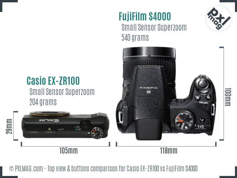 Casio EX-ZR100 vs FujiFilm S4000 top view buttons comparison