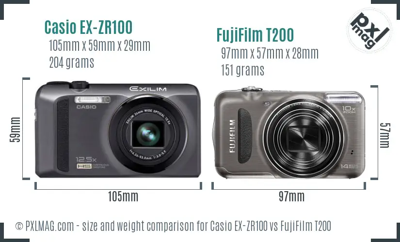 Casio EX-ZR100 vs FujiFilm T200 size comparison