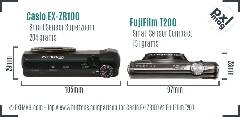 Casio EX-ZR100 vs FujiFilm T200 top view buttons comparison