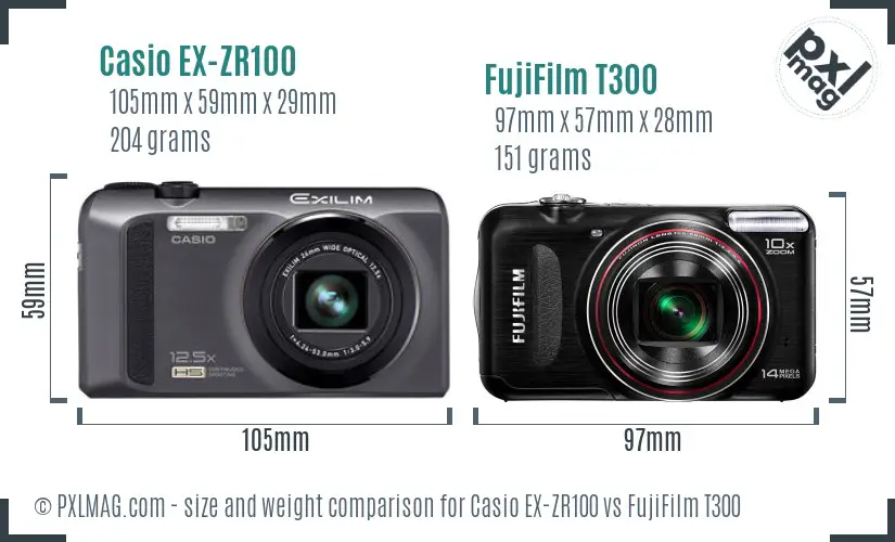 Casio EX-ZR100 vs FujiFilm T300 size comparison