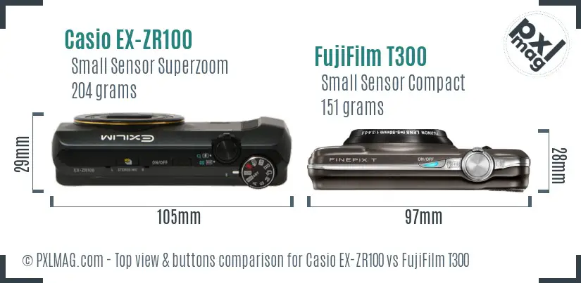 Casio EX-ZR100 vs FujiFilm T300 top view buttons comparison