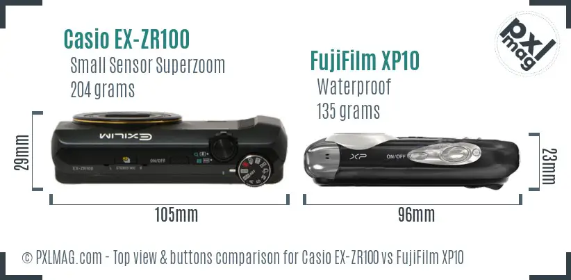 Casio EX-ZR100 vs FujiFilm XP10 top view buttons comparison