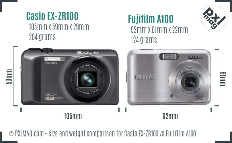 Casio EX-ZR100 vs Fujifilm A100 size comparison