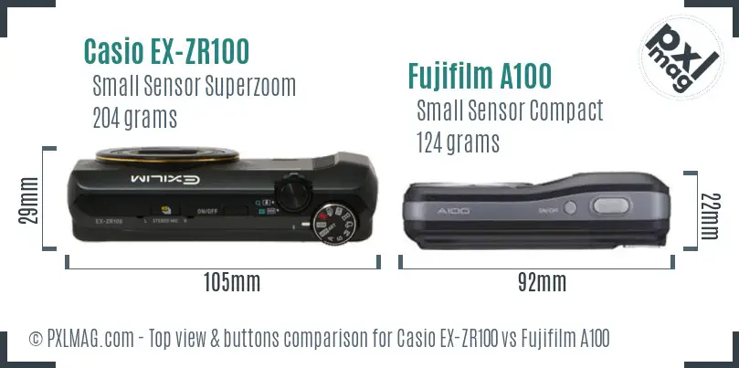 Casio EX-ZR100 vs Fujifilm A100 top view buttons comparison