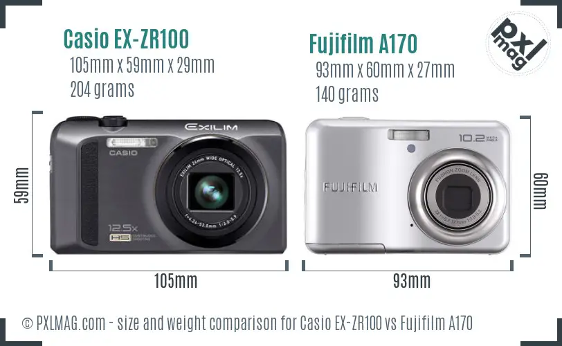 Casio EX-ZR100 vs Fujifilm A170 size comparison