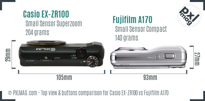 Casio EX-ZR100 vs Fujifilm A170 top view buttons comparison