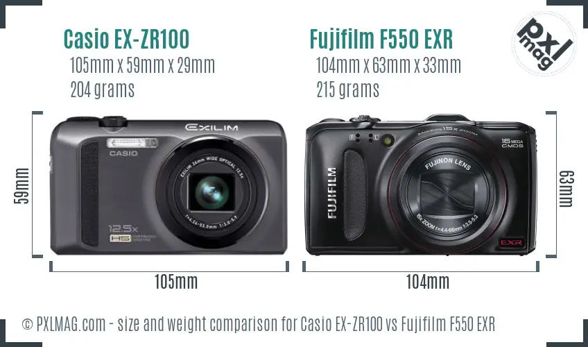 Casio EX-ZR100 vs Fujifilm F550 EXR size comparison