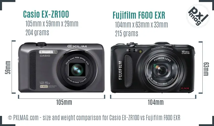 Casio EX-ZR100 vs Fujifilm F600 EXR size comparison