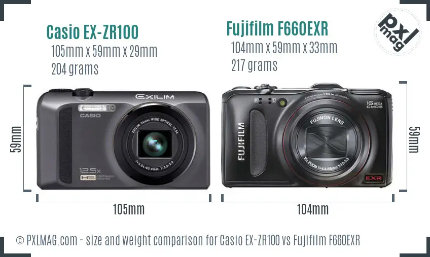 Casio EX-ZR100 vs Fujifilm F660EXR size comparison Casio EX-ZR100 vs Fujifilm F660EXR size comparison