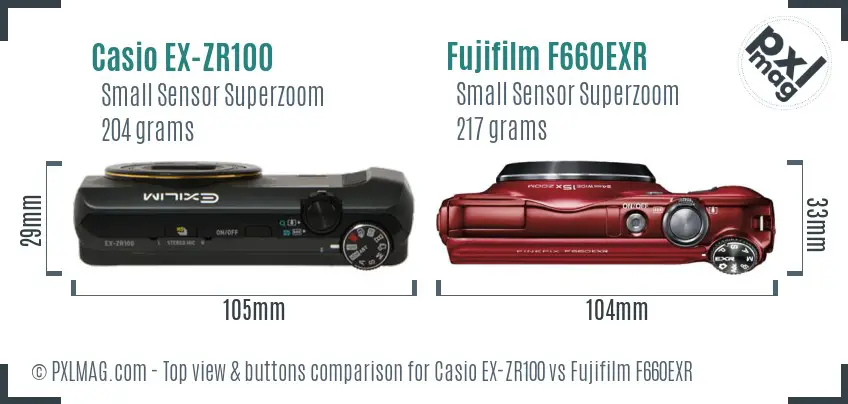 Casio EX-ZR100 vs Fujifilm F660EXR top view buttons comparison Casio EX-ZR100 vs Fujifilm F660EXR top view buttons comparison