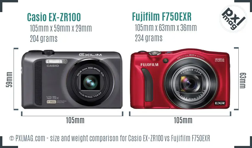 Casio EX-ZR100 vs Fujifilm F750EXR size comparison Casio EX-ZR100 vs Fujifilm F750EXR size comparison