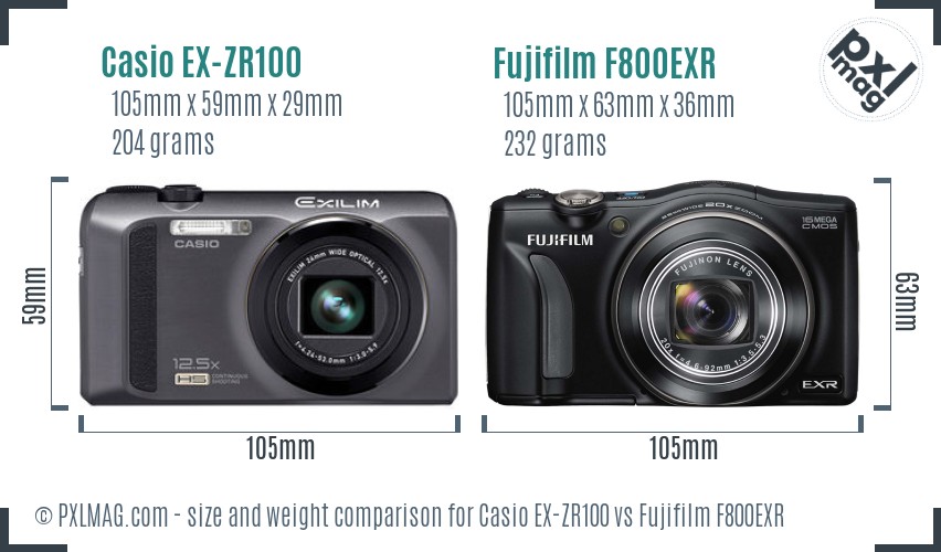 Casio EX-ZR100 vs Fujifilm F800EXR size comparison