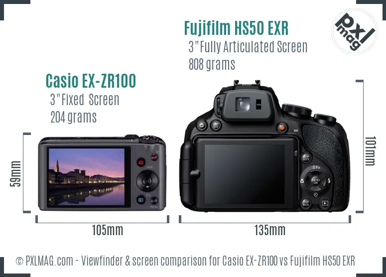 Casio EX-ZR100 vs Fujifilm HS50 EXR Screen and Viewfinder comparison