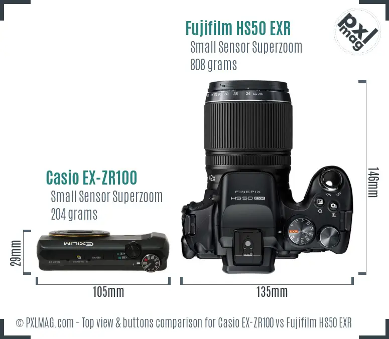 Casio EX-ZR100 vs Fujifilm HS50 EXR top view buttons comparison