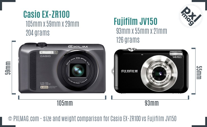 Casio EX-ZR100 vs Fujifilm JV150 size comparison