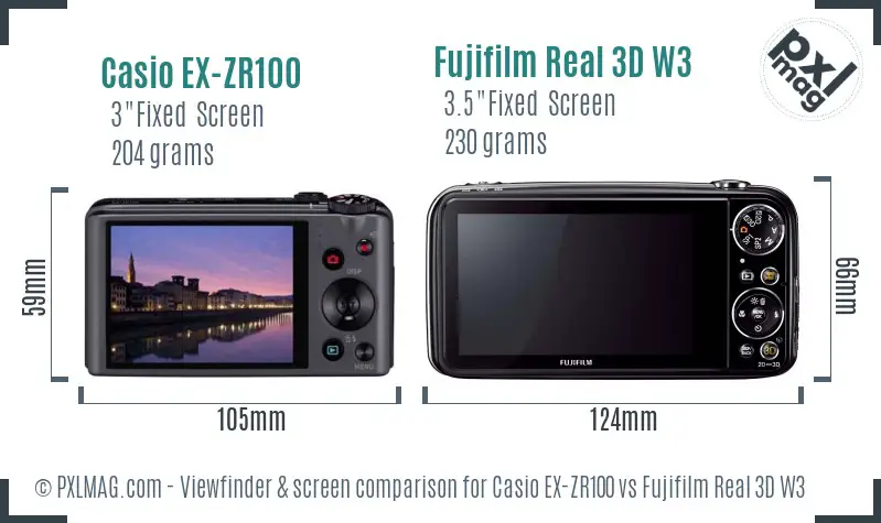 Casio EX-ZR100 vs Fujifilm Real 3D W3 Screen and Viewfinder comparison