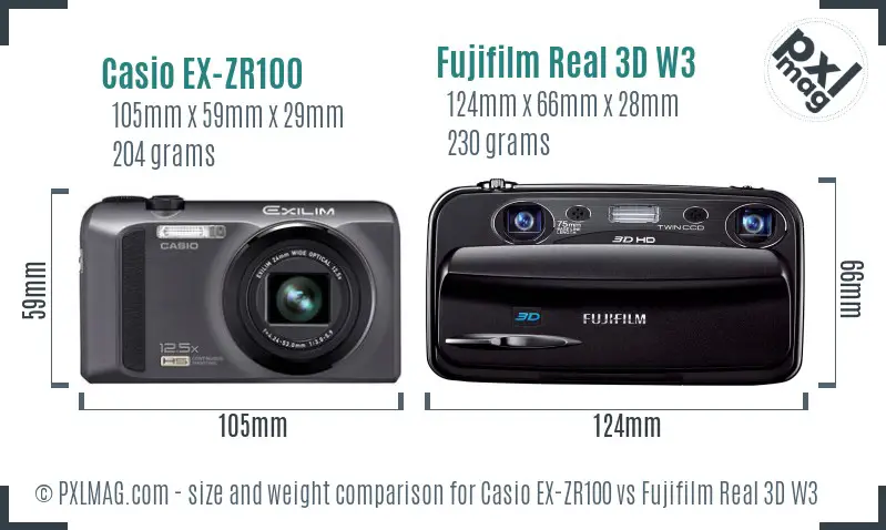 Casio EX-ZR100 vs Fujifilm Real 3D W3 size comparison