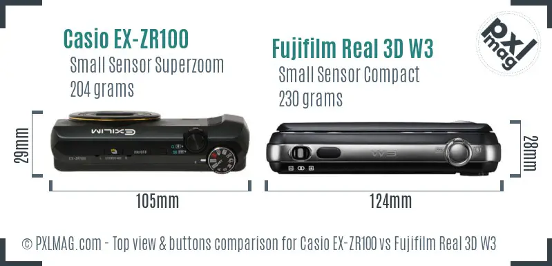 Casio EX-ZR100 vs Fujifilm Real 3D W3 top view buttons comparison