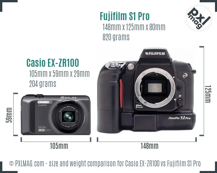 Casio EX-ZR100 vs Fujifilm S1 Pro size comparison Casio EX-ZR100 vs Fujifilm S1 Pro size comparison