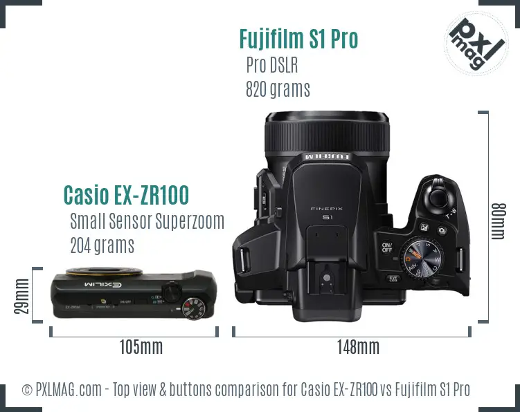 Casio EX-ZR100 vs Fujifilm S1 Pro top view buttons comparison Casio EX-ZR100 vs Fujifilm S1 Pro top view buttons comparison