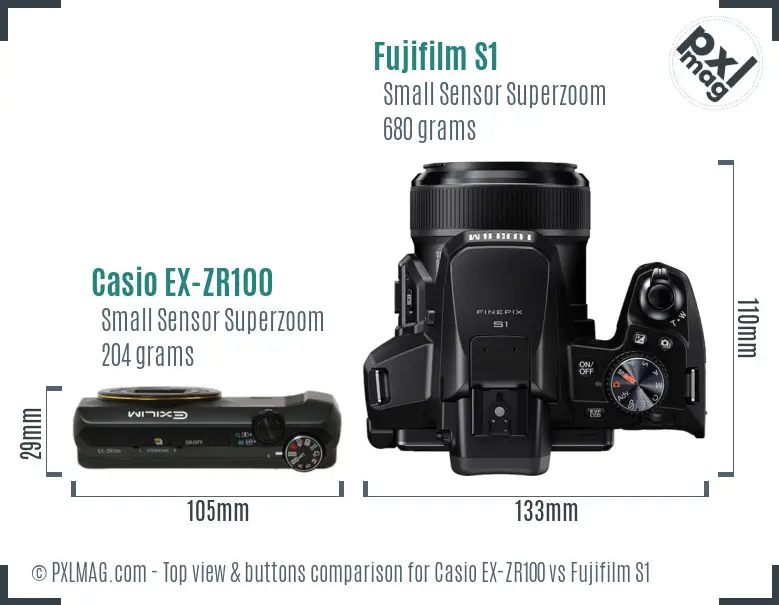 Casio EX-ZR100 vs Fujifilm S1 top view buttons comparison Casio EX-ZR100 vs Fujifilm S1 top view buttons comparison